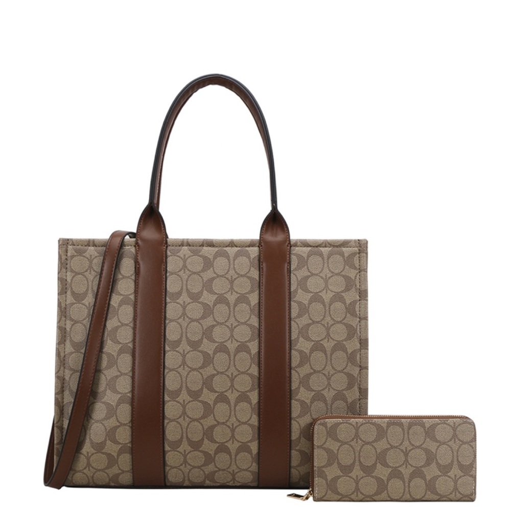 Brown Tote Bag with Monogram Print and Leather Trim